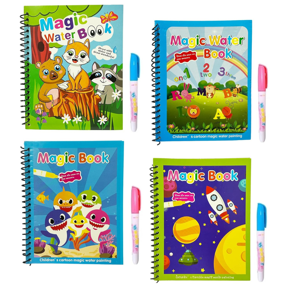 Reusable Magic Coloring Water Book for Kids 2 to 10 Years (Pack Of 4 Books + 4 Pens)
