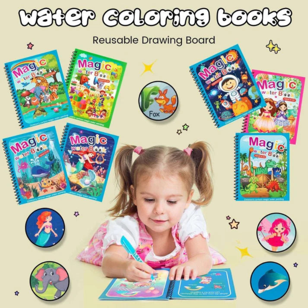 Reusable Magic Coloring Water Book for Kids 2 to 10 Years (Pack Of 4 Books + 4 Pens)
