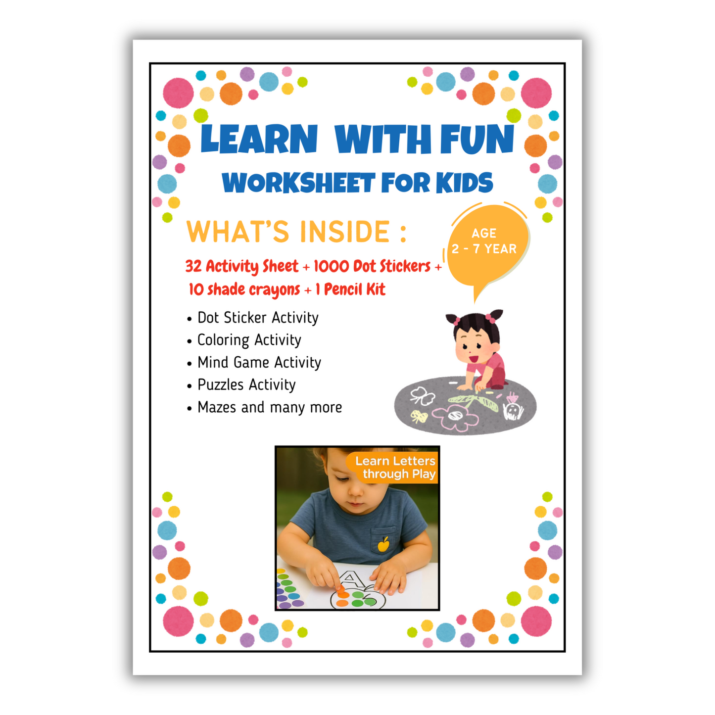 Learn With Fun Dot Stickers, Coloring, Puzzle, Mind Game Kids Activity Worksheet 2 to 7 year kids